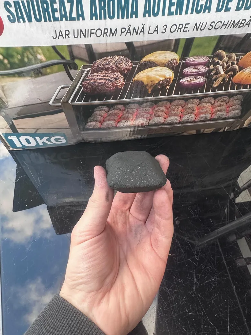 O brichetă de cocos în palmă, în fața cutiei de 10 kg